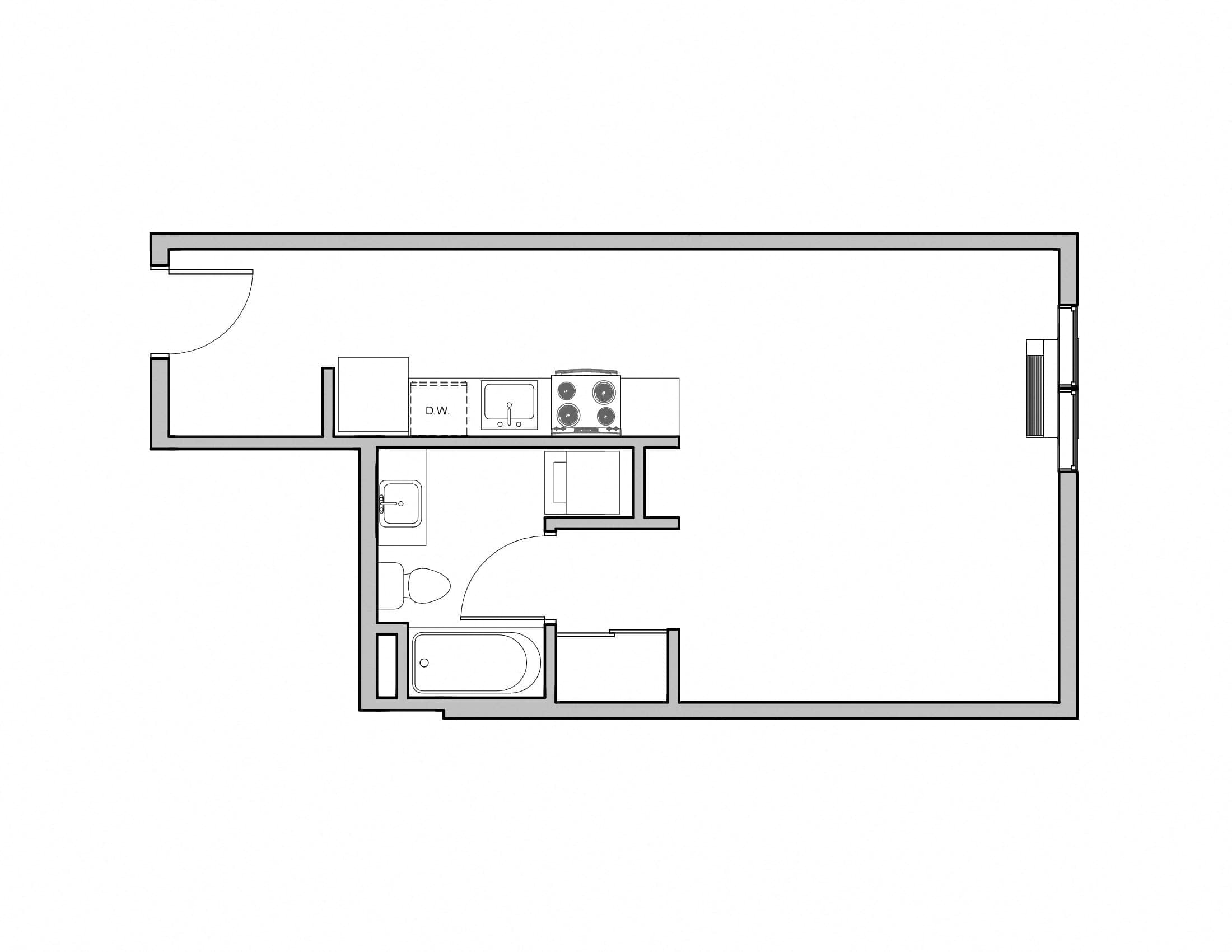 Floor plan for studio, 1 bath, 485 sqft